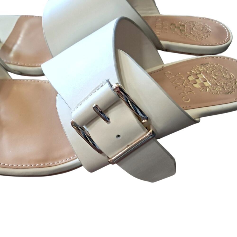 VINCE CAMUTO Cream Leather Lenqua Sandals Size 8M Round Block Heel Preppy Summer - Picture 6 of 10